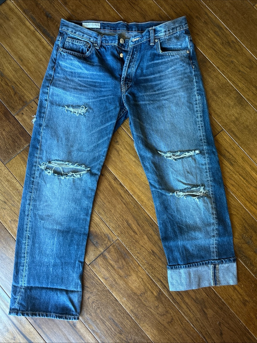 ZARA Straight Crop Denim Jeans 10 30x28 High Rise Distressed Medium Wash Blue